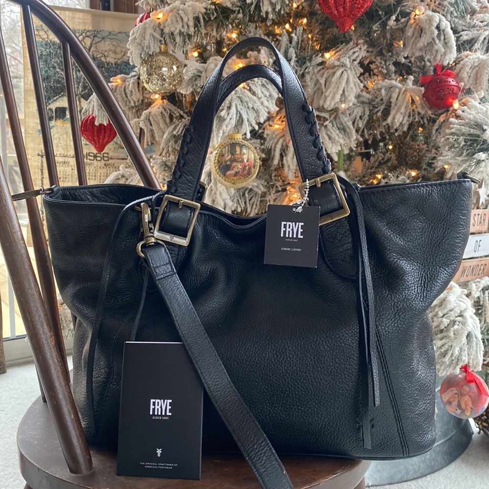 NEW FRYE Caelan Satchel Cognac Black Leather Tote